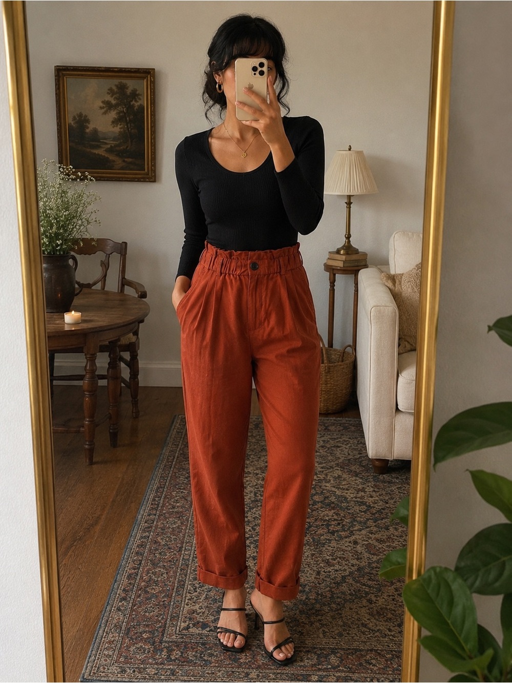 Zara Rust Terracotta Paperbag Waist Tapered Pants Women’s Size XS/S Linen Blend